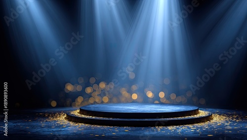 Empty spotlight stage with shimmering gold dust and bokeh