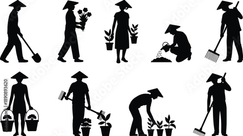 Farmers and gardeners silhouette collection, rural planting and watering activities, agriculture labor scenes, plant care workflow, black vector illustration isolated on white