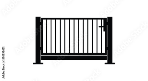 A simple black and white illustration depicts a metal gate featuring vertical bars and a latch high quality