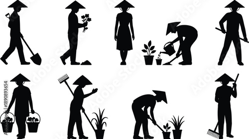 Farmers and gardeners silhouette set, rural planting and garden maintenance activities, agriculture work scenes, plant care tasks, black vector illustration isolated