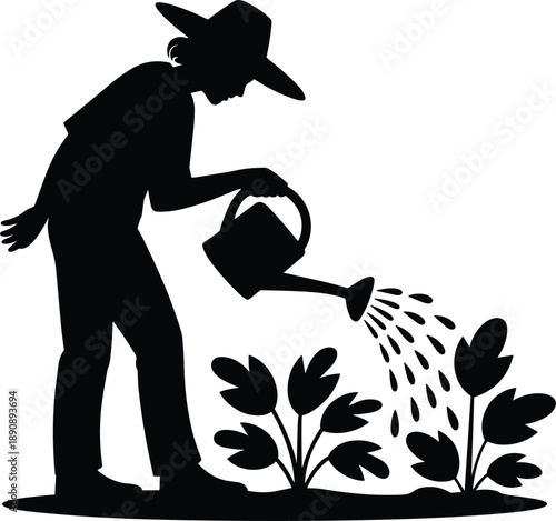 Gardener watering plants silhouette, organic gardening activity, eco friendly farming lifestyle concept, minimalist black vector illustration isolated on white background