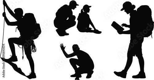 Hiking and climbing people silhouette vector illustration set, outdoor adventure explorers with backpacks, mountaineering, trekking, camping activities concept isolated on white