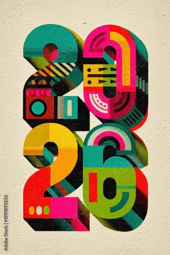 a colorful of the number 2026 in bold, playful typography with vibrant colors and shapes.