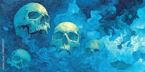 a blue mist with multiple floating skulls