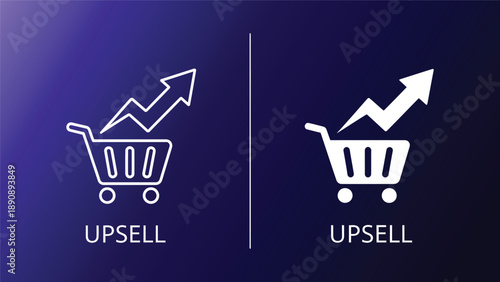 Upsell icons with shopping carts and growing arrows on purple background symbolizing sales growth and marketing strategy