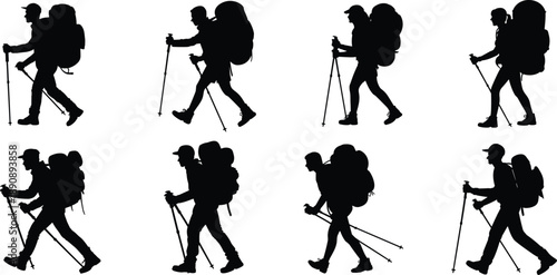 Hiking backpacker silhouette set with trekking poles, outdoor travelers walking in different poses, adventure tourism black vector illustration isolated on white background