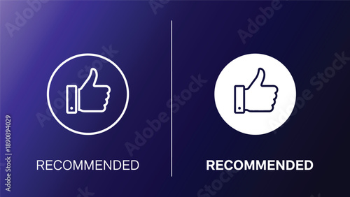 Thumbs up icons with recommended text on purple background approval and confirmation symbols for feedback and rating