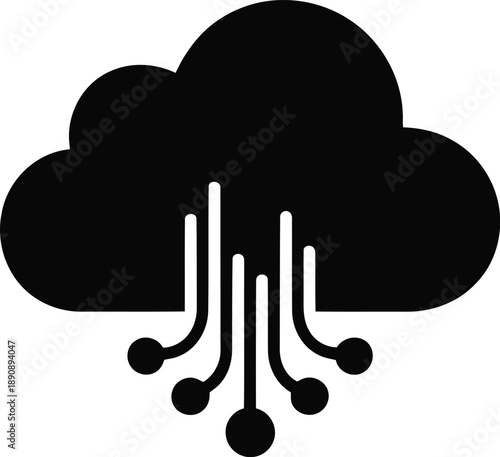 A simplified cloud symbol with data flow lines and nodes represents modern digital technology
