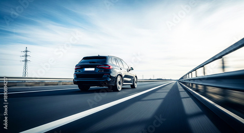 Black suv driving on highway bridge with white lines and guardrail under blue sky