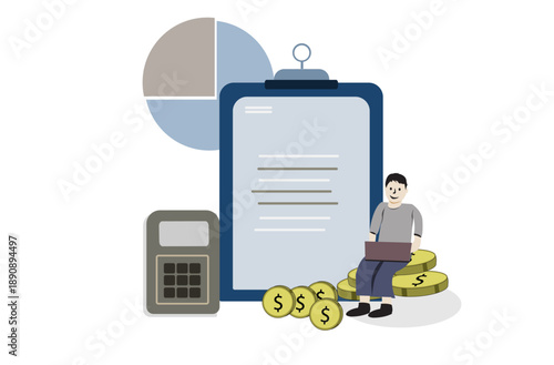 flat illustration of personal finance management showing a man with laptop, clipboard, calculator, coins and chart. concept of budgeting, accounting, income planning and financial analysis.