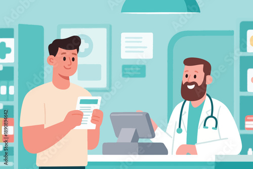 Illustration Of A Man Carrying A Prescription Paper Who Is Going To Buy Medicine At The Pharmacist Vector Design Template