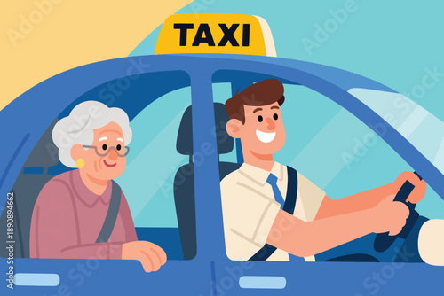 Illustration Of A Young Taxi Driver Driving With An Old Woman As A Passenger Vector Design Template