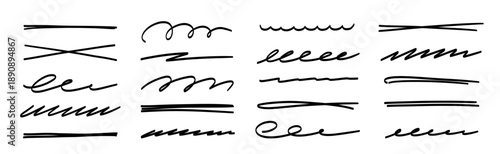 Line underline vector set. Hand drawn line brush marker pen stroke underline, emphasis doodle highlight..Handwritten scribble paint ink sketch symbol casual text highlight. Vector illustration.