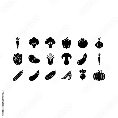 Collection of various vegetable silhouettes arranged in a grid pattern on a white background