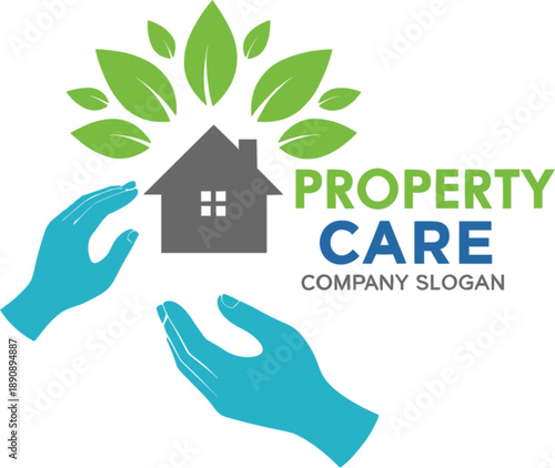 Professional property care logo design featuring a house icon with green leaves and caring hands for real estate maintenance and eco-friendly home services branding.