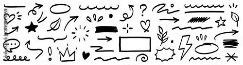 Marker line brush arrow, underline, highlight scribble set. Marker pen line brush hand drawn arrow stroke sketch element shape graphic vector. Doodle underline circle frame icons. Vector illustration