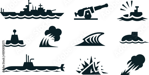 Assortment of naval warfare and sea related icons showcasing warships, submarines, and ocean elements