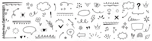Hand drawn line heart, star, arrow element set. Line doodle sketch style cute heart, star sparkle, flower hand drawn brush pencil stroke. Arrow, emphasis surprise, cloud frames. Vector illustration