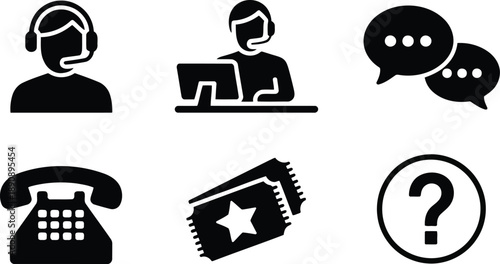 Black silhouette icon of an office worker with a headset working at a computer station