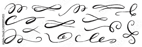 Flourish hand drawn swash line set. Flourish line calligraphy hand drawn pen ink brush thin stroke curve..Elegant vintage doodle swirl scroll underline text decoration design. Vector illustration.