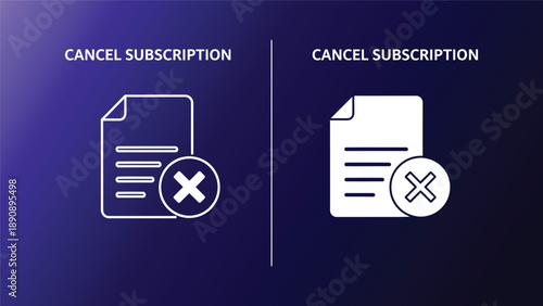 Cancel subscription graphic featuring minimalist document and cross icon on dark purple background for modern designs
