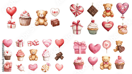 Cute Valentine illustration set with teddy bears cupcakes hearts chocolates gifts and sweets in pink and red colors perfect for love cards playful designs and sweet celebrations