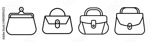 Fashion handbag, clutch, and purse outline line icons vector art set