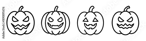 Four carved spooky halloween pumpkin jack-o'-lantern line art
