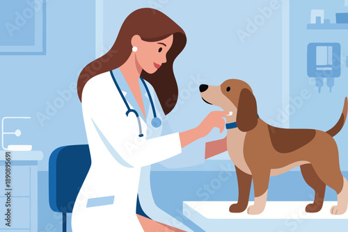 Illustration Of A Beautiful Female Veterinarian Examining A Dog Vector Design Template