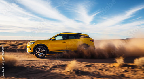Yellow suv driving fast on dirt road in desert landscape with blue sky and clouds