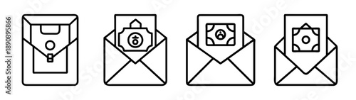 Digital linear icons of mail, money, finance, and secure payment