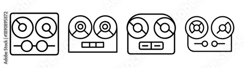 Vintage reel-to-reel tape recorder line icons set for audio.