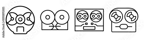 Retro reel-to-reel audio and video recording player icons set.