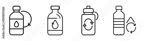 Reusable water bottle, recycling and refill line icons concept