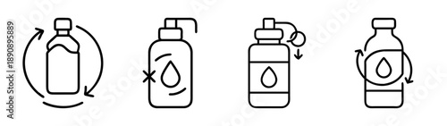 Reusable bottles, sustainable packaging, and refill concept icons