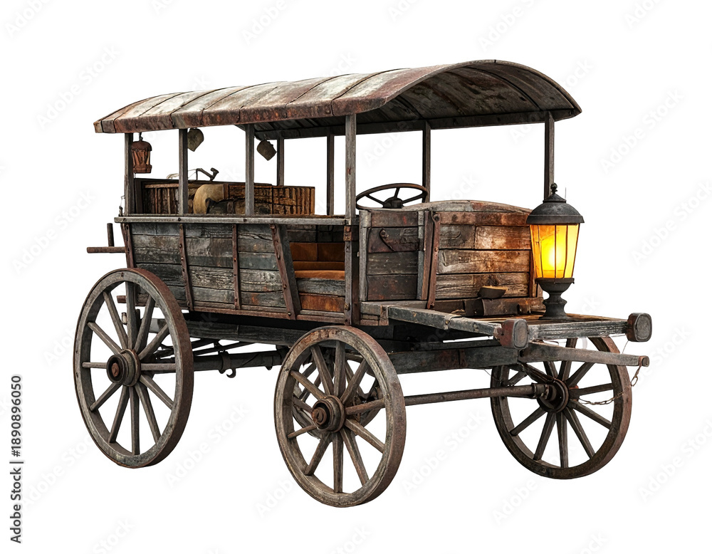 Fototapeta premium Rustic, aged wagon with lantern, weathered wood, and spoked wheels