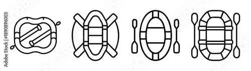 Rafting boats and paddles line icons set. water sport activity