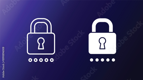 Two minimalist padlock icons isolated on a dark blue background one purple and one white symbolizing security and privacy in digital environments