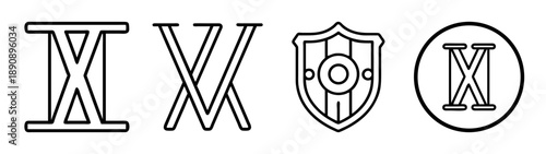 Outline roman numeral x symbols and shield icon set vector art