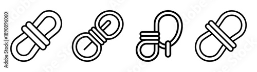 Line art icons of rope fasteners, quick links, and cord loops set