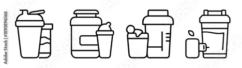 Fitness protein shaker supplement bottle icon set line style