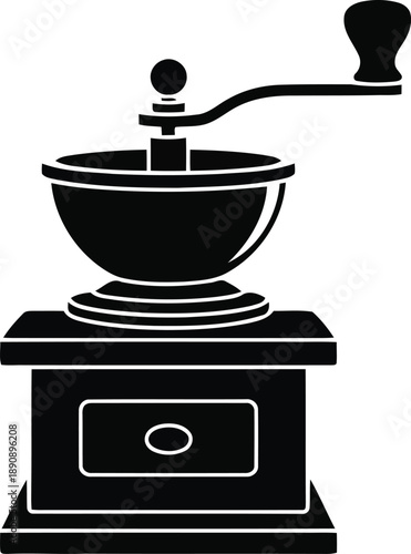 Classic manual coffee grinder with a turning handle presented as a clean black silhouette icon