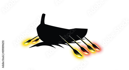 Silhouette of a rowboat with glowing oars moving through water