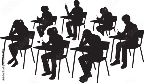 Eight silhouettes of people sitting at desks in a classroom setting
