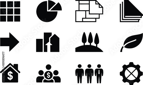 Collection of diverse monochrome icons representing business, nature, data, and organizational concepts on white