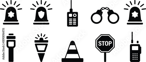 Collection of essential black and white law enforcement icons including sirens, handcuffs, radios, and a stop sign