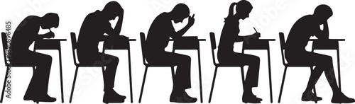 Five people sitting at desks writing on paper