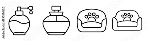 Modern hygiene, fragrance, and pet care product outline icons