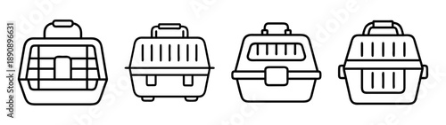 Pet carrier for animal travel safety icon set outline design concept.