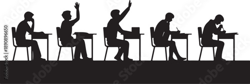 Five silhouettes of students sitting at desks in a classroom 1